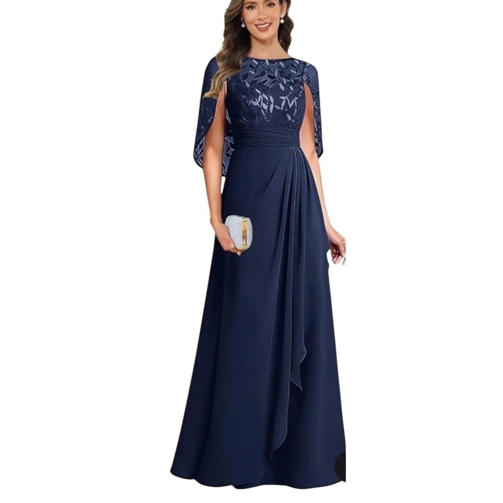 Elegant Navy Blue Evening Dress with Draped Waist Cape sleeve NEW size 14